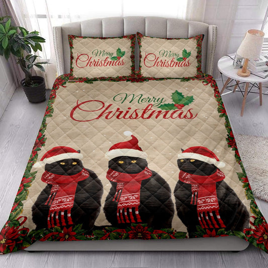Black Cat Quilt Set, Merrymas Black Cat With Santa Hat Cat Quilt Blanket