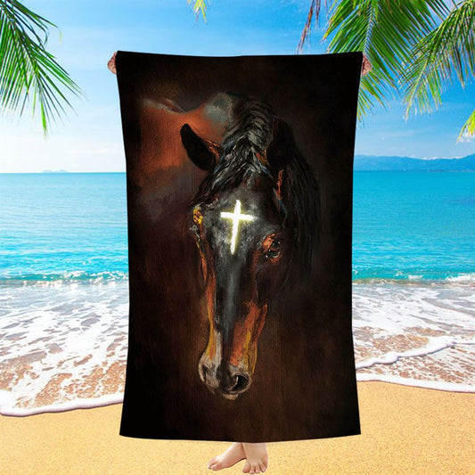 Black Horse Shinning Cross The Incredible Horse Beach Towel - Bible Verse Beach Towel - Inspirational Art - Christian Beach Towel