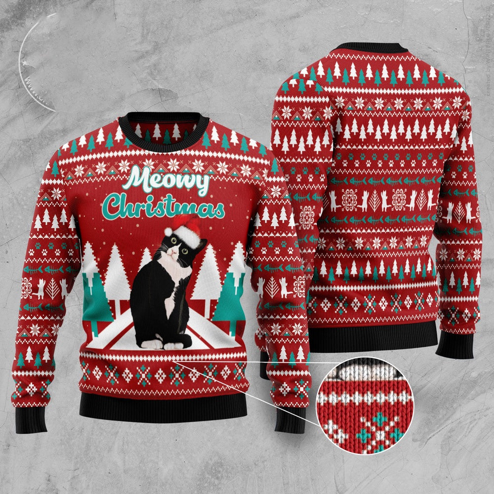 Black Meowy Christmas Ugly Christmas Sweater, Funny Xmas Sweater, Sweater Xmas