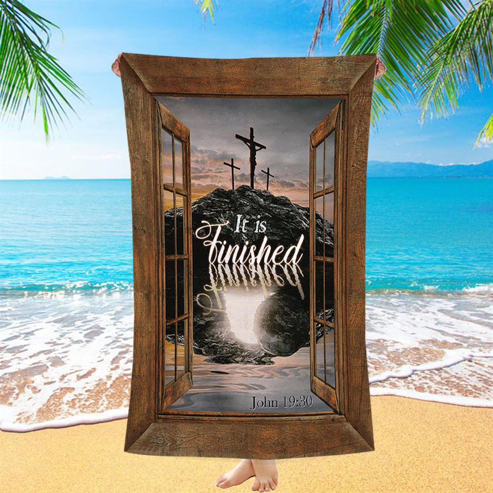 Black Rock Mountain Wooden Cross It Is Finished Beach Towel - Bible Verse Beach Towel - Inspirational Art - Christian Beach Towel