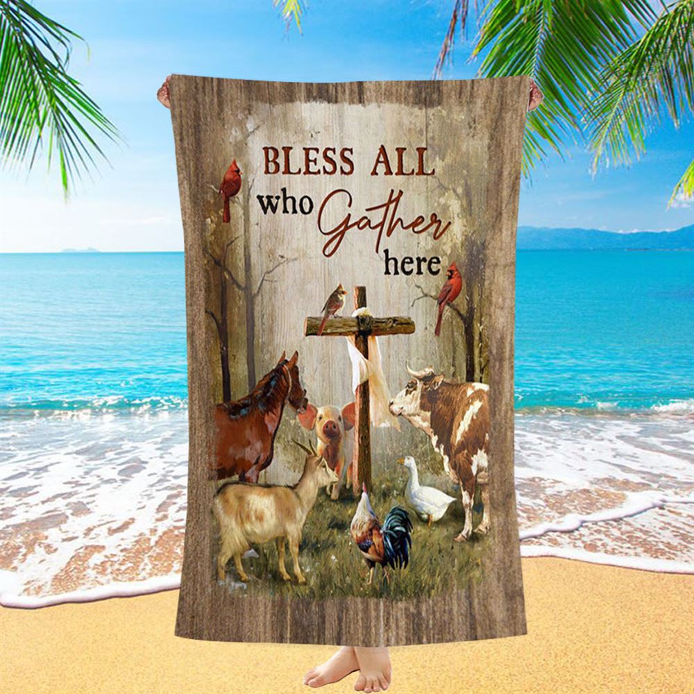 Bless All Who Gather Here Animals Wooden Cross Forest View Red Cardinal Beach Towel - Christian Beach Towel