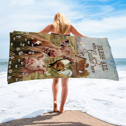 Bless All Who Gather Here Beach Towel - Animal Daisy Field Rooster Beach Towel - Christian Beach Towel - Bible Verse Beach Towel