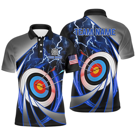 Blue Archery Target Thunder Lightning Personalized Men Polo Shirts, Team League Archery Shirts, Archery Team Shirts, Custom Archery Shirts