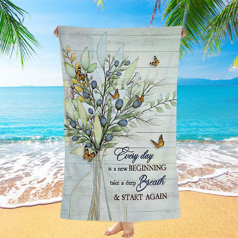 Blue Cranberry Butterfly Every Day Is A New Beginning Beach Towel - Bible Verse Beach Towel - Inspirational Art - Christian Beach Towel
