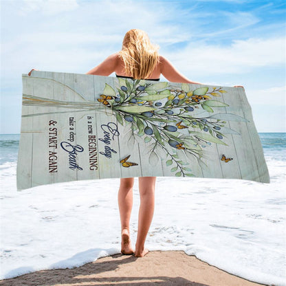 Blue Cranberry Butterfly Every Day Is A New Beginning Beach Towel - Bible Verse Beach Towel - Inspirational Art - Christian Beach Towel
