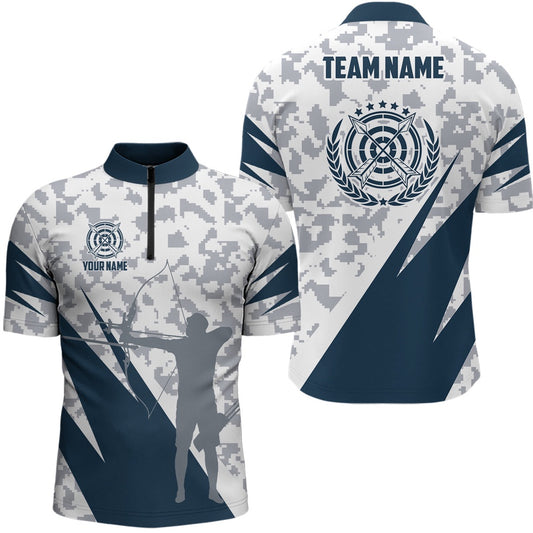 Blue Grey Digital Camo Archery Men Quarter-Zip Shirts Custom Team Name Archery Jerseys, Archery Team Shirts, Custom Archery Shirts