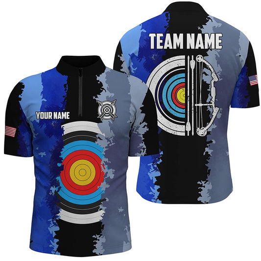 Blue Jerseys Archery Target Men Quarter-Zip Shirts Custom Team League Archery Shirts, Archery Team Shirts, Custom Archery Shirts