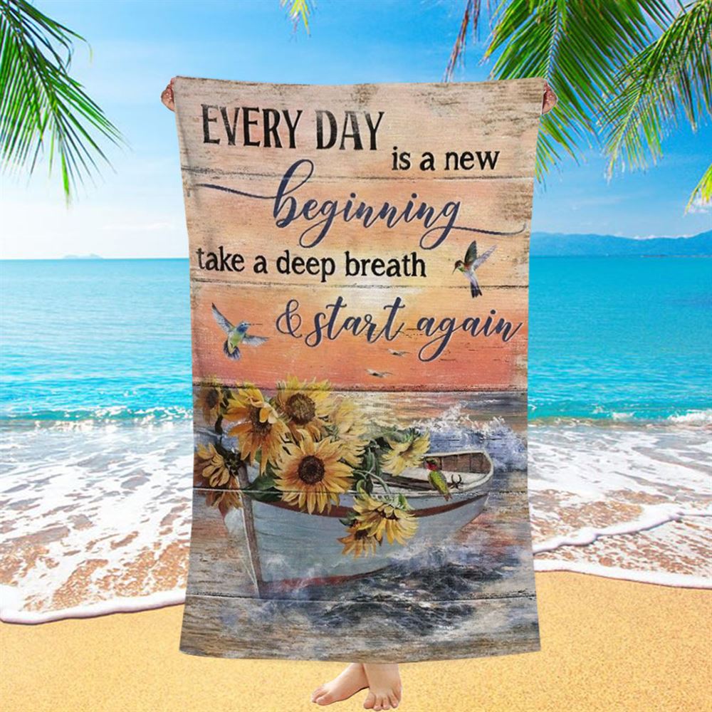 Boat And Sunflower Pretty Sunset Every Day Is A New Beginning Beach Towel, Christian Beach Towel, Christian Gift, Gift For Women