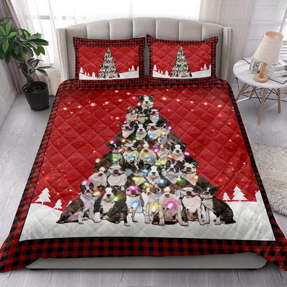 Boston Terrier Quilt Set, Boston Terriermas Noel Xmas Tree Dog Quilt Blanket