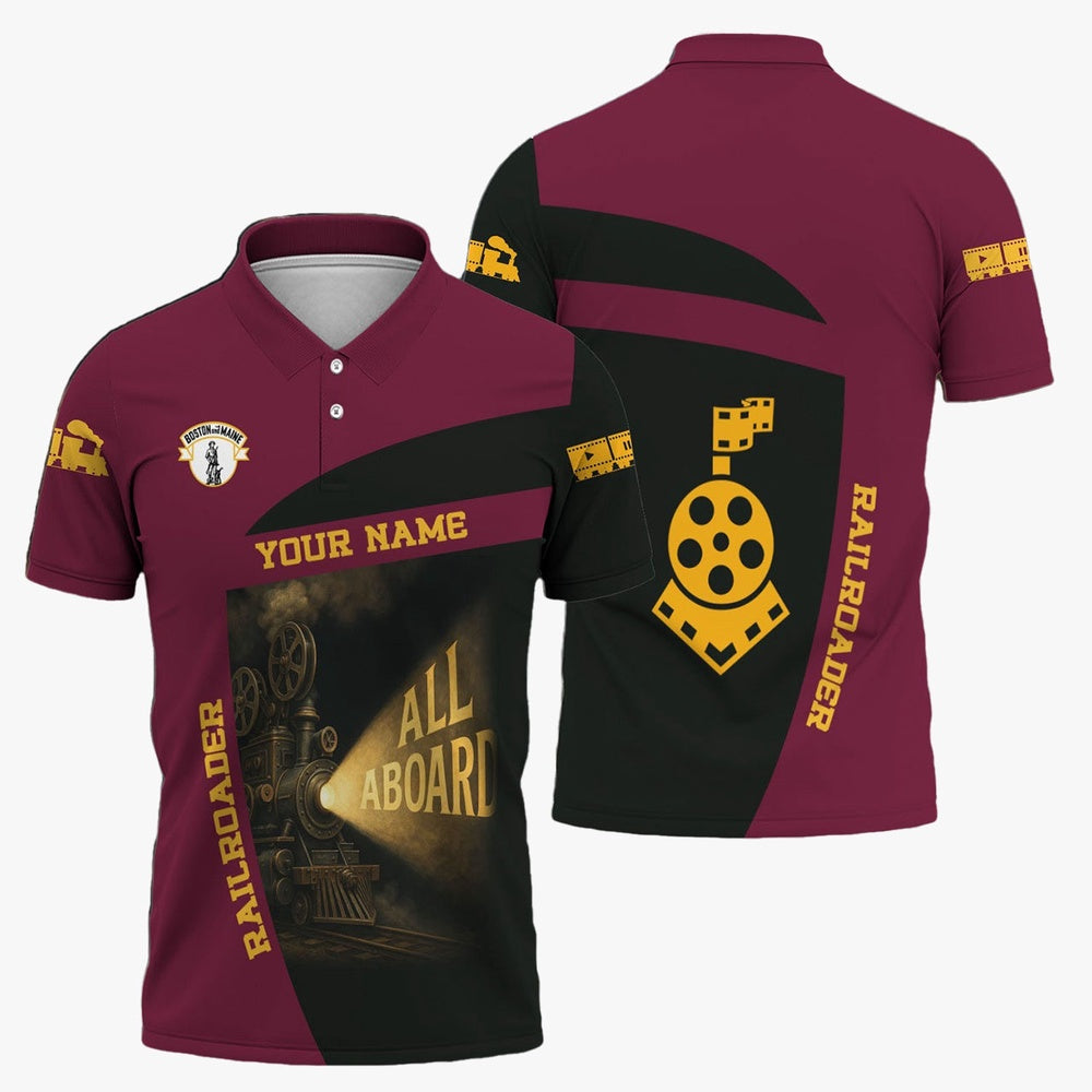 Boston and Maine Railroad Polo Shirt, All Aboard Steam Train Movie Projector Style Shirt