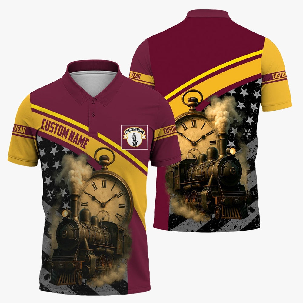 Boston and Maine Railroad Polo Shirt, Classic Steam Engine With Retro Pocket Watch Polo Shirt