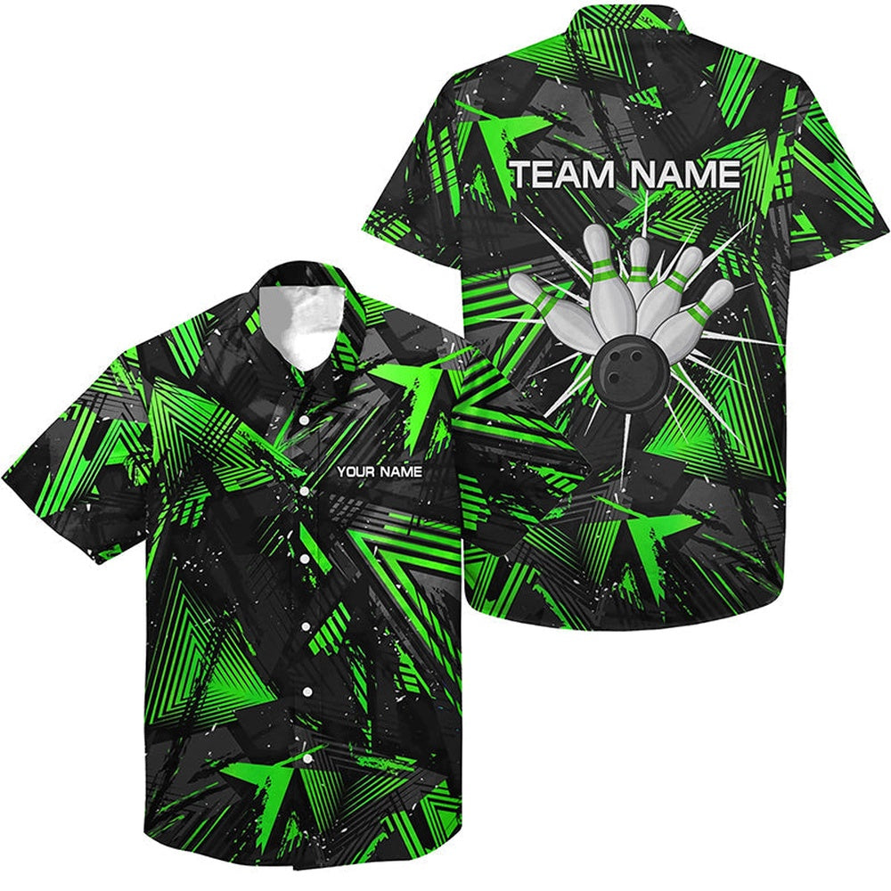 Bowling Hawaiian Shirt, Black Green Camo Bowling Button Hawaiian Shirt, Custom Bowling Team Shirts