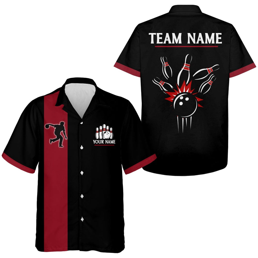 Bowling Hawaiian Shirt, Black&Red Bowling Shirt For Men & Women, Custom Bowling Team Shirts