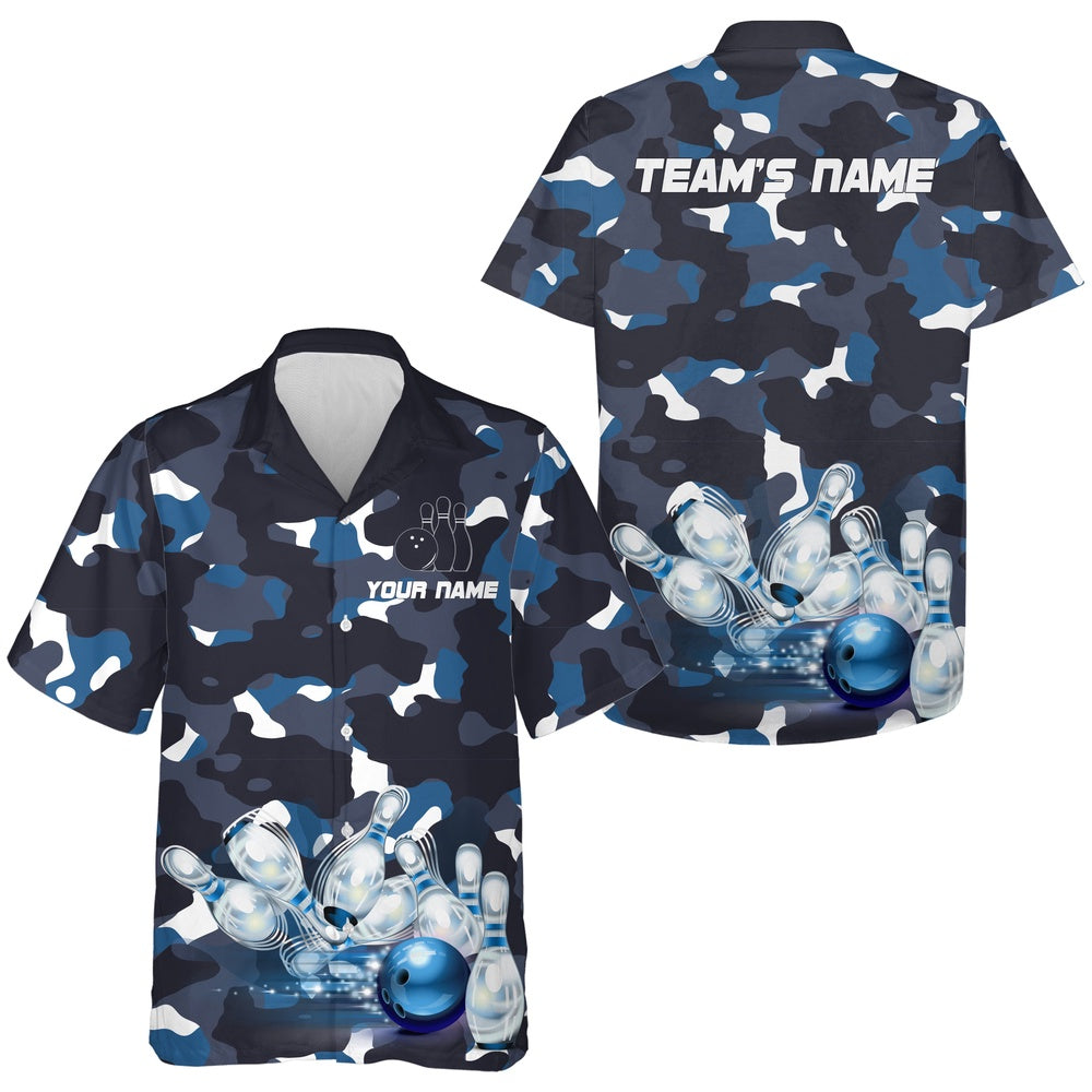Bowling Hawaiian Shirt, Blue Camo Hawaiian Bowling Shirt For Men Women, Custom Bowling Team Shirts