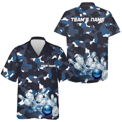 Bowling Hawaiian Shirt, Blue Camo Hawaiian Bowling Shirt For Men Women, Custom Bowling Team Shirts