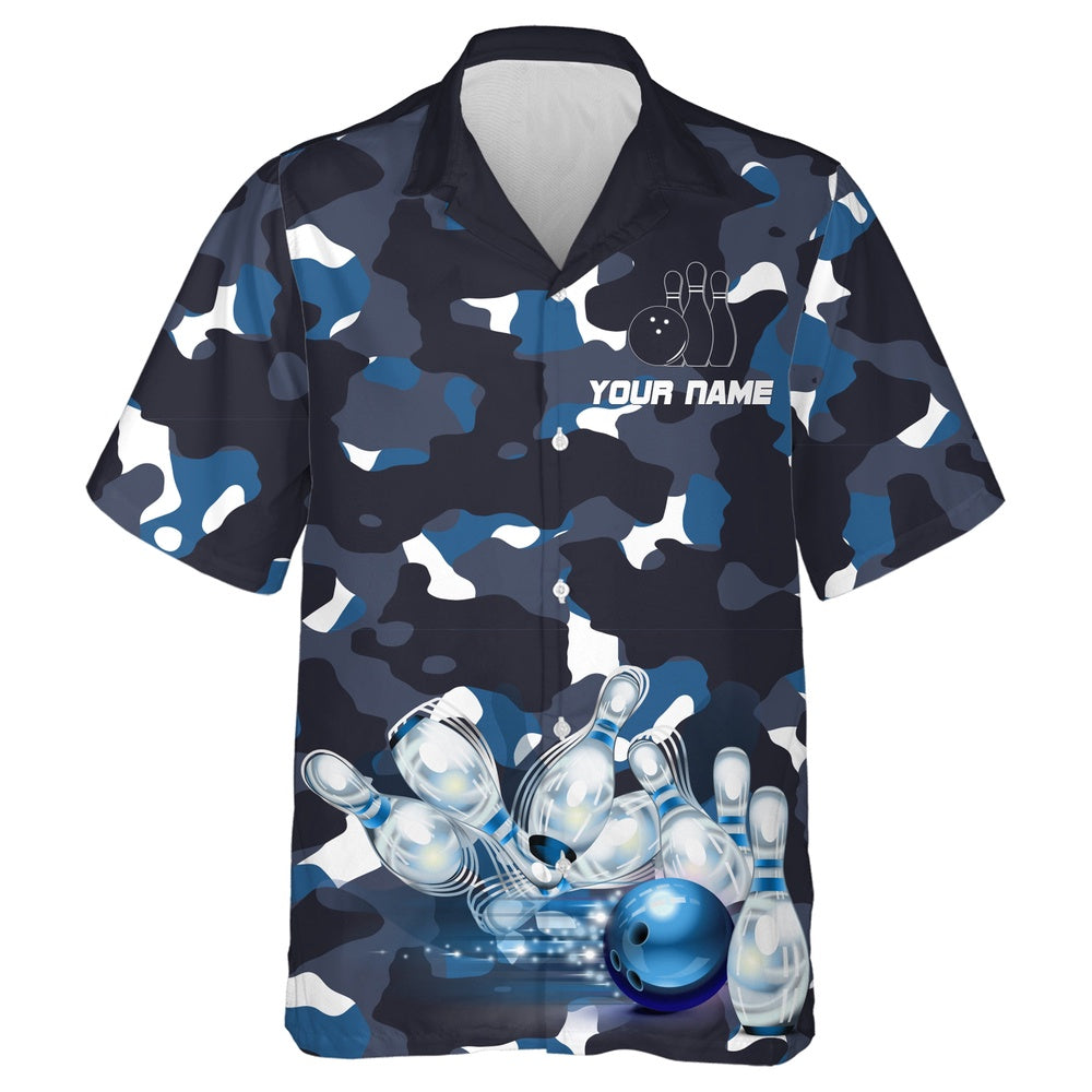 Bowling Hawaiian Shirt, Blue Camo Hawaiian Bowling Shirt For Men Women, Custom Bowling Team Shirts