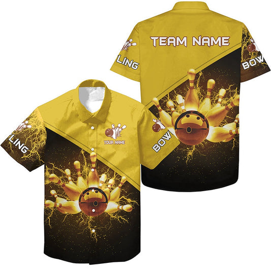 Bowling Hawaiian Shirt, Bowling Hawaiian Shirt, Custom Gold Lightning Thunder Bowling Team Jersey, Custom Bowling Team Shirts