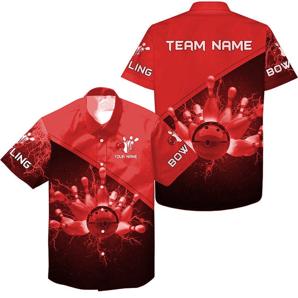 Bowling Hawaiian Shirt, Bowling Hawaiian Shirt, Custom Red Lightning Thunder Bowling Team Jersey, Custom Bowling Team Shirts