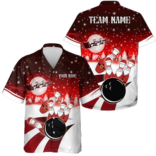 Bowling Hawaiian Shirt, Bowling Hawaiian Shirts, Custom Christmas Santa Bowling Ball Pins Team Button Up Shirts  Red, Custom Bowling Team Shirts