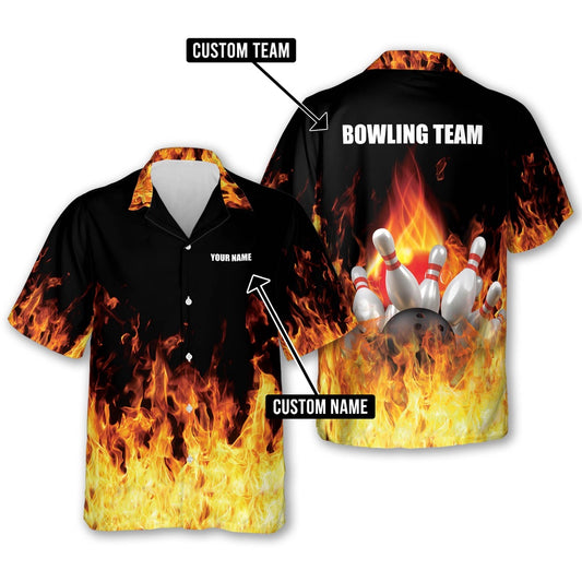 Bowling Hawaiian Shirt, Button-Down Flame Hawaiian Shirt, Custom Bowling Team Shirts