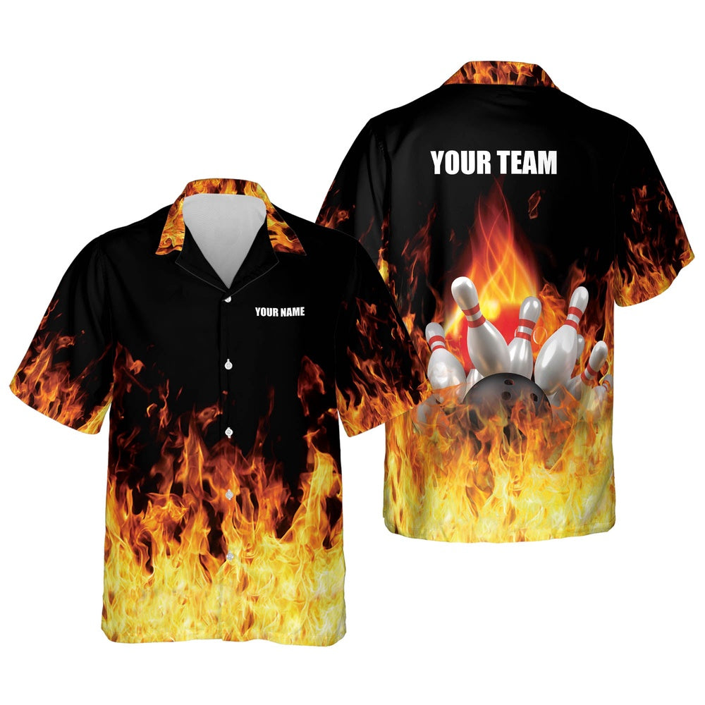 Bowling Hawaiian Shirt, Button-Down Flame Hawaiian Shirt, Custom Bowling Team Shirts