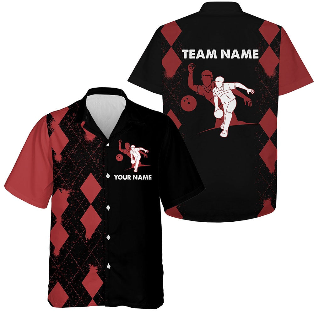 Bowling Hawaiian Shirt, Custom Hawaiian Bowling Shirt Personalized Name Red&Black Bowler Team Jersey For Bowling Lover, Custom Bowling Team Shirts