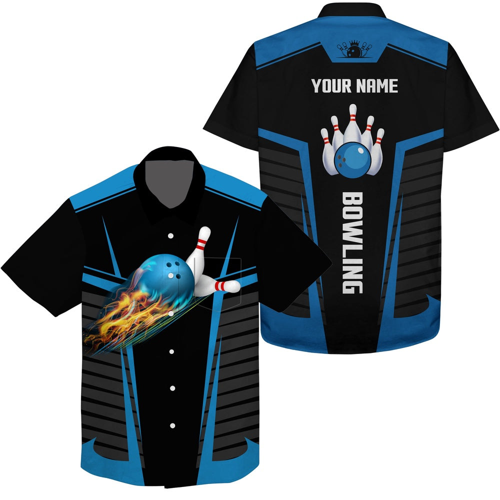 Bowling Hawaiian Shirt, Customize Hawaiian Bowling Shirts With Flame Bowling Balls And Pins Black Blue Bowling Shirts For Men, Custom Bowling Team Shirts