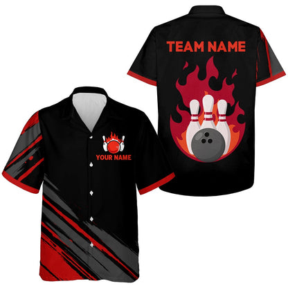 Bowling Hawaiian Shirt, Flame Bowling Shirt For Men & Women, Custom Black&Red Bowling Jersey Hawaiian Bowling League Shirt, Custom Bowling Team Shirts