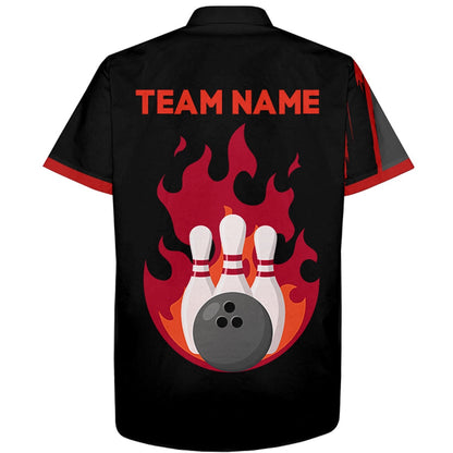 Bowling Hawaiian Shirt, Flame Bowling Shirt For Men & Women, Custom Black&Red Bowling Jersey Hawaiian Bowling League Shirt, Custom Bowling Team Shirts
