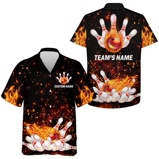 Bowling Hawaiian Shirt, Flame Hawaiian Bowling Shirt, Personalized Team Bowlers Jersey Short Sleeve Button Down Fire Bowlin, Custom Bowling Team Shirts