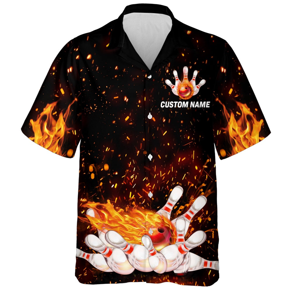 Bowling Hawaiian Shirt, Flame Hawaiian Bowling Shirt, Personalized Team Bowlers Jersey Short Sleeve Button Down Fire Bowlin, Custom Bowling Team Shirts