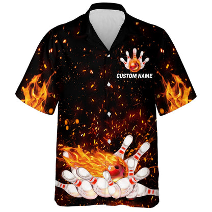 Bowling Hawaiian Shirt, Flame Hawaiian Bowling Shirt, Personalized Team Bowlers Jersey Short Sleeve Button Down Fire Bowlin, Custom Bowling Team Shirts