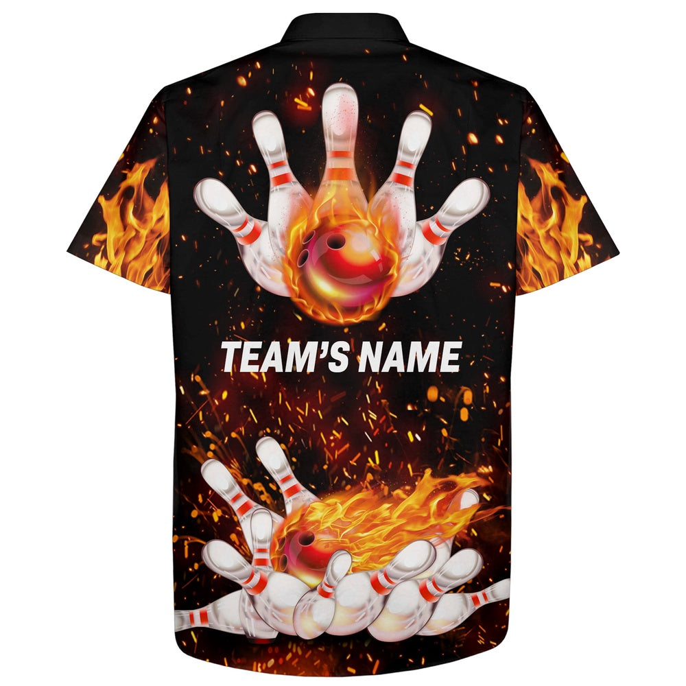 Bowling Hawaiian Shirt, Flame Hawaiian Bowling Shirt, Personalized Team Bowlers Jersey Short Sleeve Button Down Fire Bowlin, Custom Bowling Team Shirts