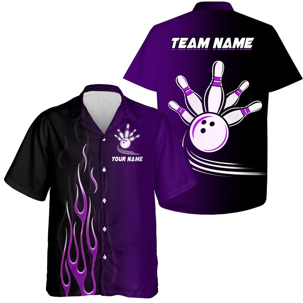 Bowling Hawaiian Shirt, Gradient Purple Bowling League Jerseys, Custom Button Up Hawaiian Shirt, Custom Bowling Team Shirts