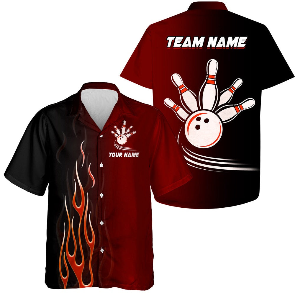 Bowling Hawaiian Shirt, Gradient Red And Black Bowling League Jerseys, Custom Button Up Hawaiian Shirt, Custom Bowling Team Shirts