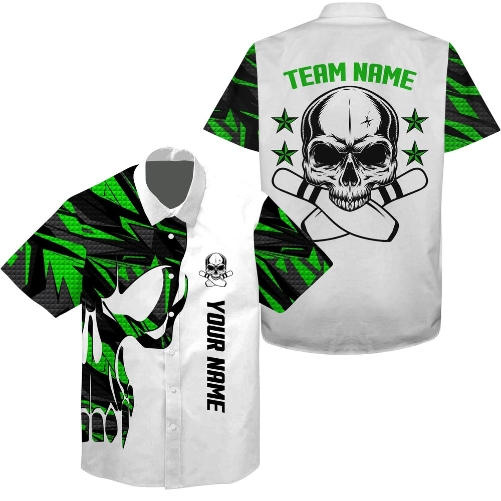 Bowling Hawaiian Shirt, Green And White Bowling Hawaiian Shirt Skull Bowling, Custom Bowling Team Shirts