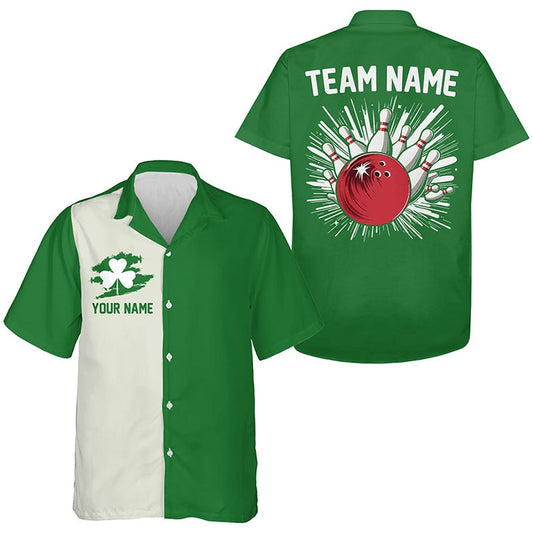 Bowling Hawaiian Shirt, Green Lucky Clover Retro Hawaiian Shirts, Custom St Patrick Day Team Bowling Button Up Shirts, Custom Bowling Team Shirts