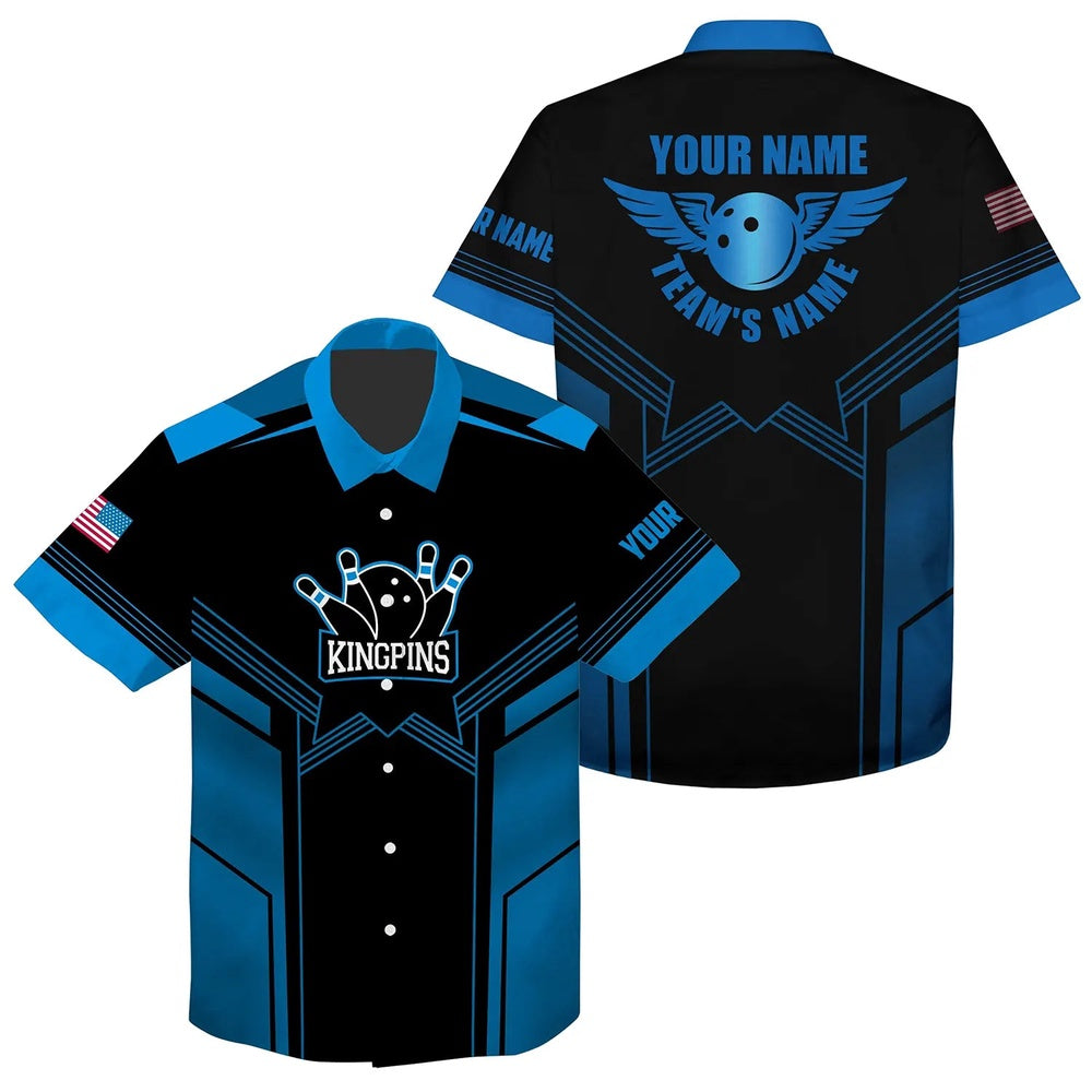 Bowling Hawaiian Shirt, Hawaiian Bowling Shirt, Blue And Black Bowling Hawaiian Shirt For Men, Custom Bowling Team Shirts