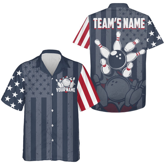 Bowling Hawaiian Shirt, Hawaiian Bowling Shirt For Men Women American Flag Bowling Jersey, Custom Bowling Team Shirts