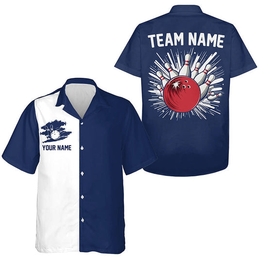 Bowling Hawaiian Shirt, Navy Blue And White Retro Bowling Hawaiian Shirts, Custom Bowling Team Shirts