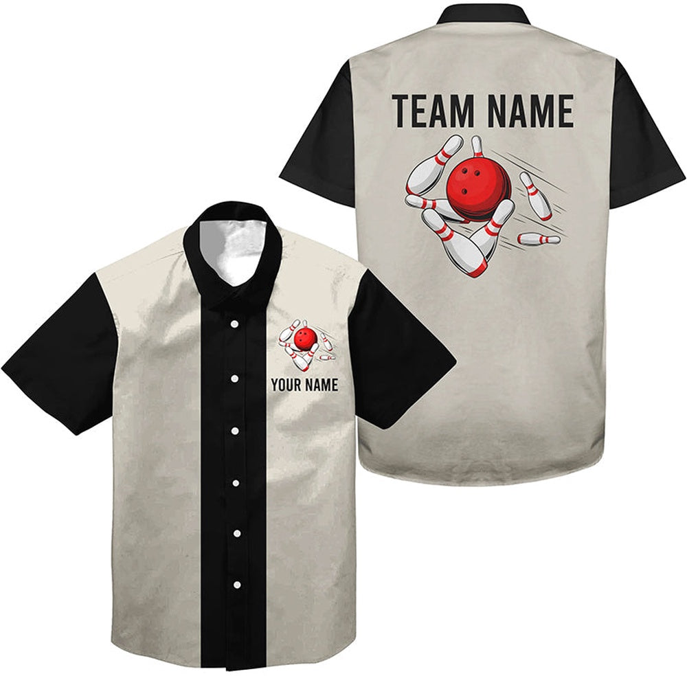 Bowling Hawaiian Shirt, Personalized Beige And Black Retro Bowling Hawaiian Shirts, Custom Bowling Team Shirts