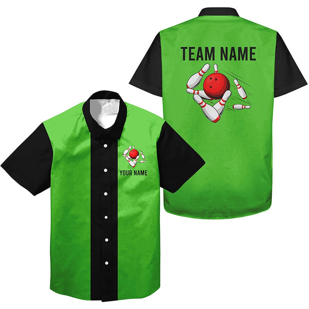 Bowling Hawaiian Shirt, Personalized Green Black Retro Bowling Hawaiian Shirts, Custom Bowling Team Shirts