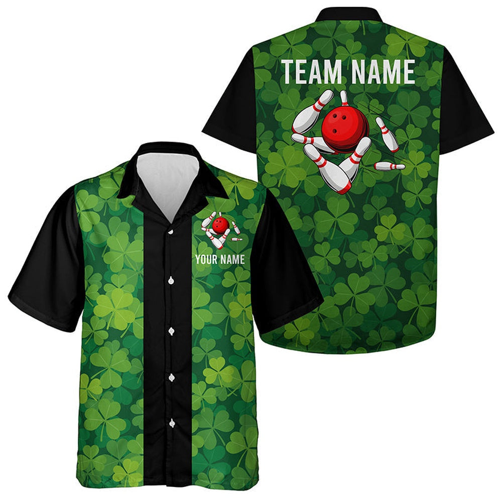 Bowling Hawaiian Shirt, Personalized Green Clover Black Retro Bowling Hawaiian Shirts, Custom Bowling Team Shirts