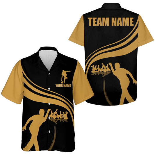 Bowling Hawaiian Shirt, Personalized Hawaiian Bowling Shirt Black And Gold Bowlers, Custom Bowling Team Shirts