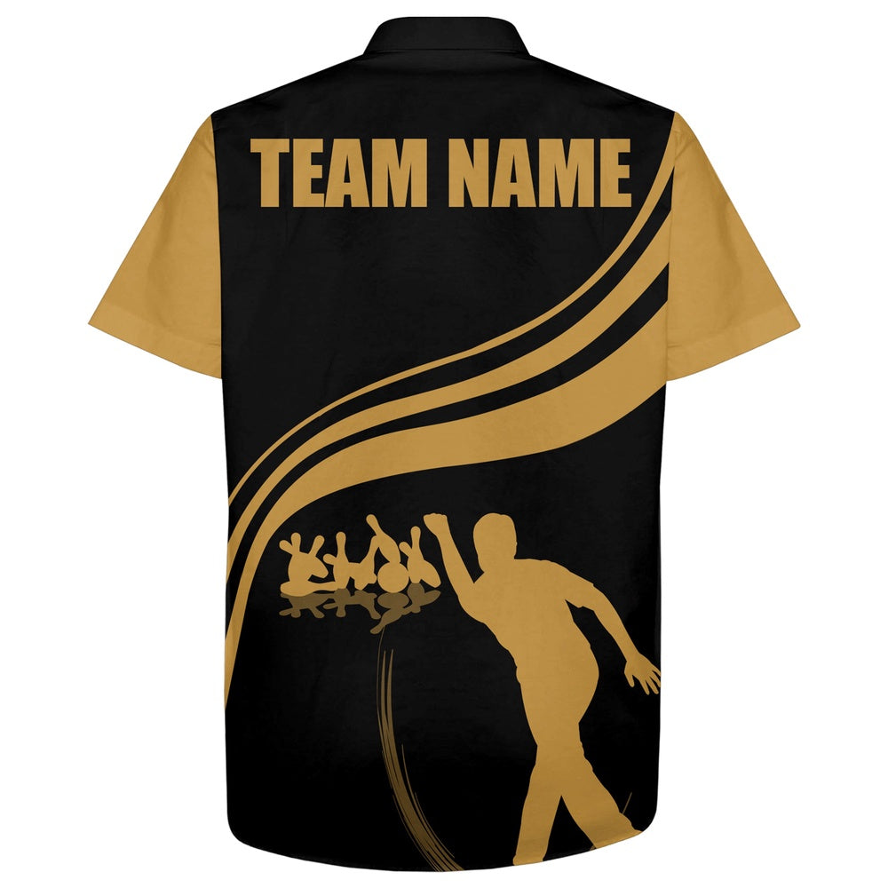 Bowling Hawaiian Shirt, Personalized Hawaiian Bowling Shirt Black And Gold Bowlers, Custom Bowling Team Shirts