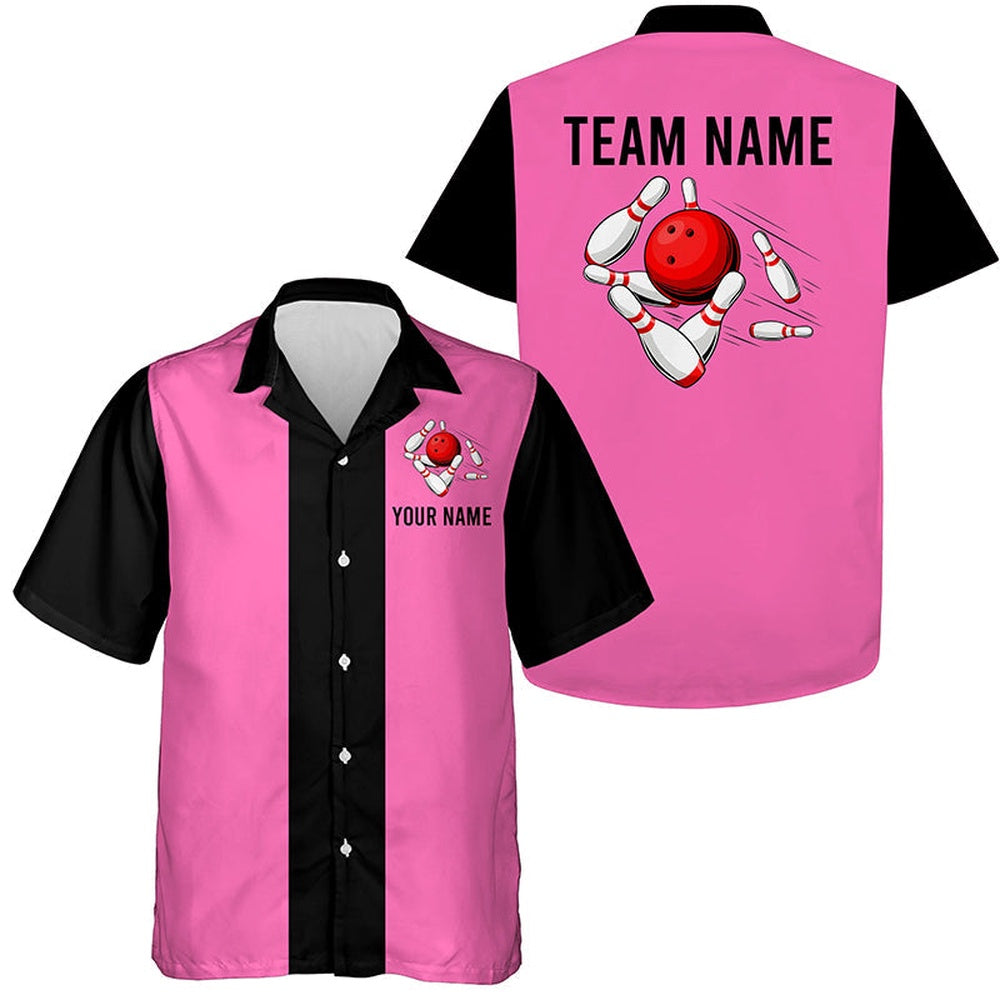 Bowling Hawaiian Shirt, Personalized Pink Black Retro Bowling Hawaiian Shirts, Custom Bowling Team Shirts