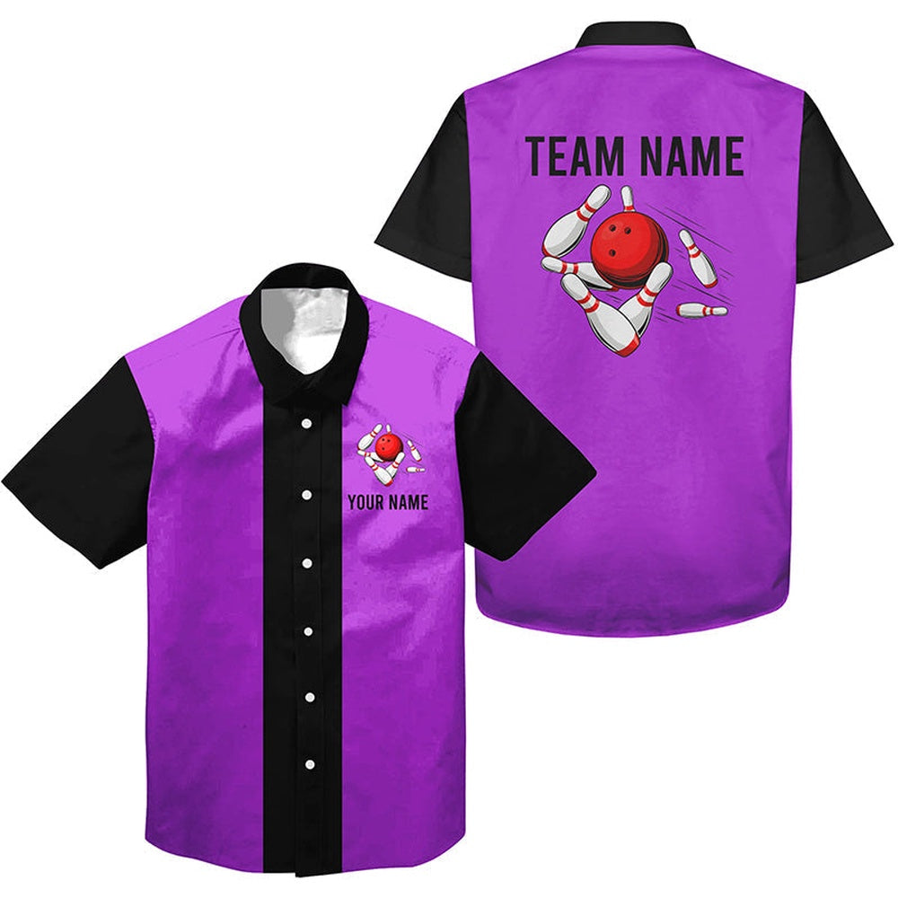 Bowling Hawaiian Shirt, Personalized Purple Black Retro Bowling Hawaiian Shirts, Custom Bowling Team Shirts