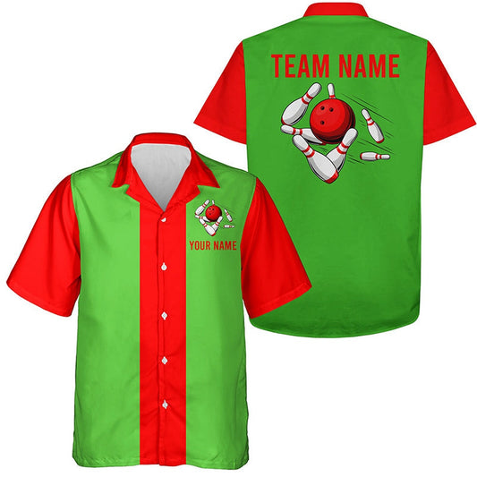 Bowling Hawaiian Shirt, Personalized Red Green Christmas Bowling Hawaiian Shirts, Custom Bowling Team Shirts