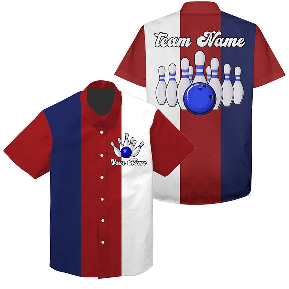 Bowling Hawaiian Shirt, Personalized Red White And Blue Retro Bowling Hawaiian Shirts, Custom Bowling Team Shirts