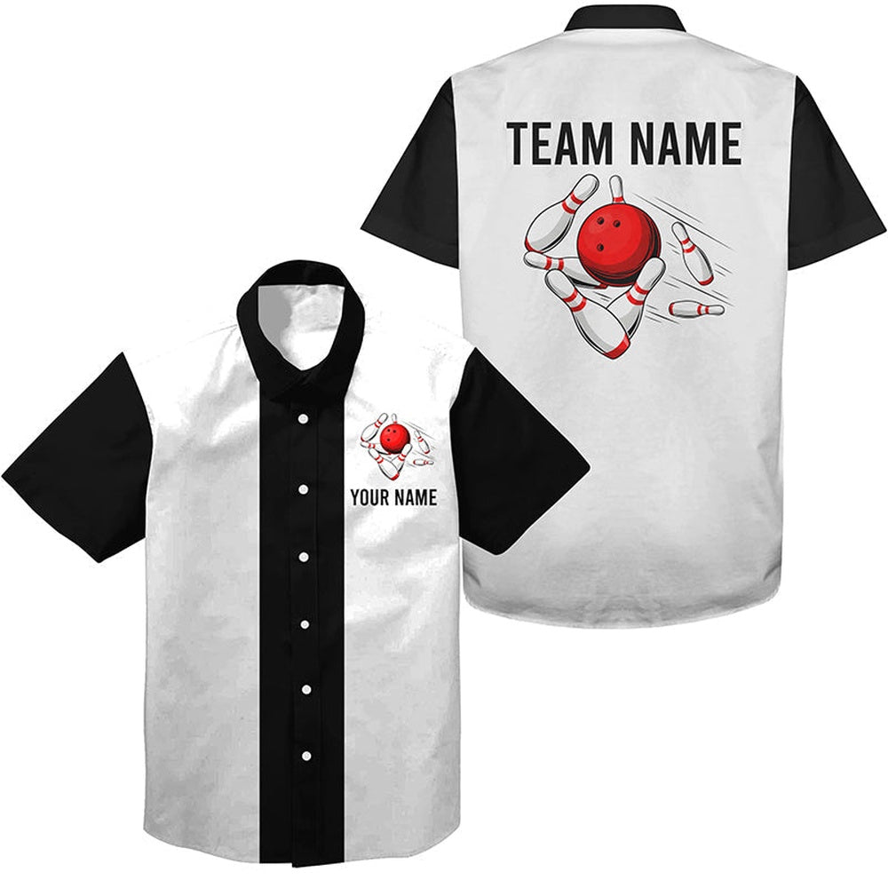 Bowling Hawaiian Shirt, Personalized White And Black Retro Bowling Hawaiian Shirts, Custom Bowling Team Shirts